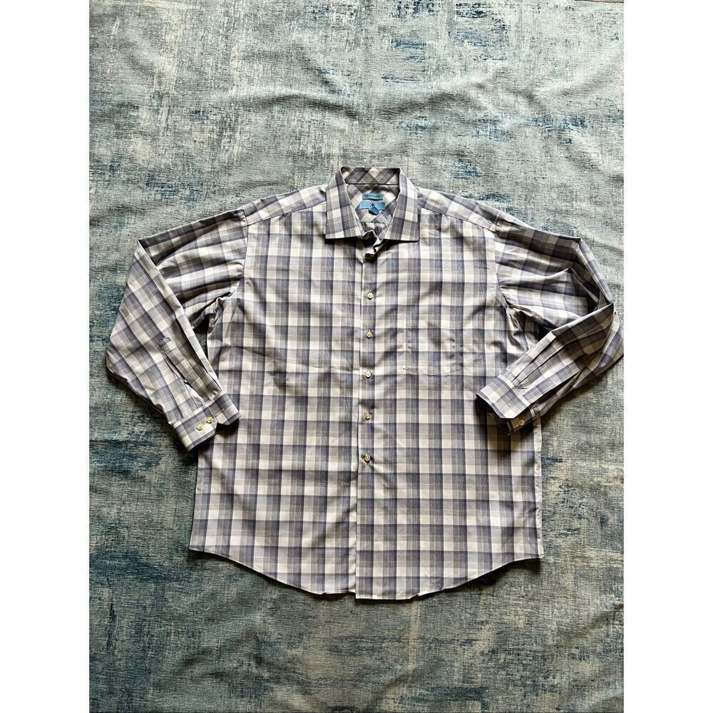Egara White Gray Blue Plaid Non Iron Slim Fit Button Down Long Sleeve Shirt 2XLT